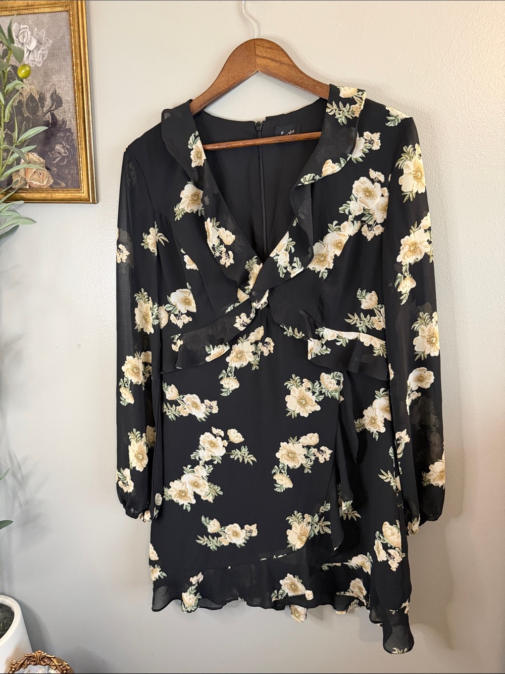 Bardot Floral Ruffle Long Sleeve Mini Dress Black Cream US 10 Large - Picture 4 of 10